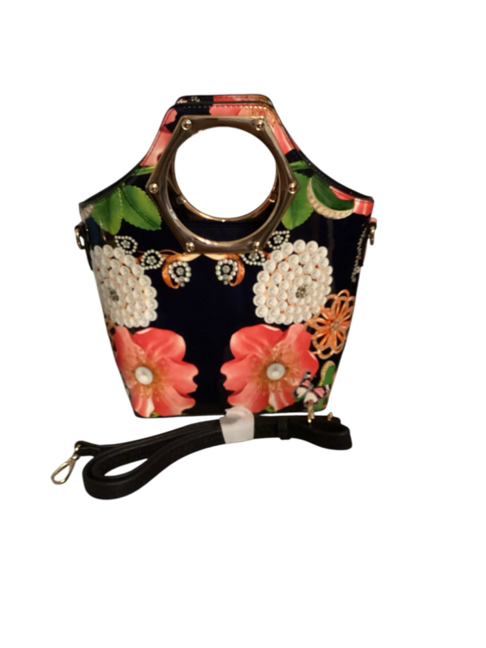 Navy Blue Shiny Floral Top Handle Satchel Butterfly Pearl Print Handbag